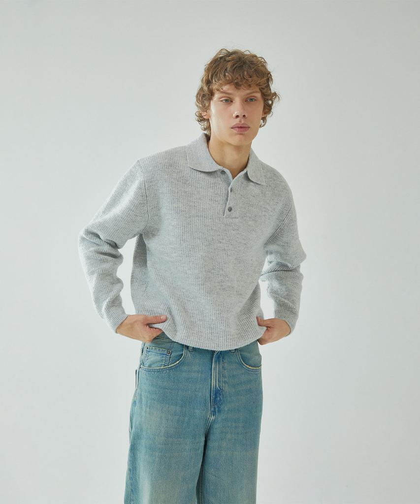 PINBLACK (Men) Button Collar Neck Wool Knit Gray