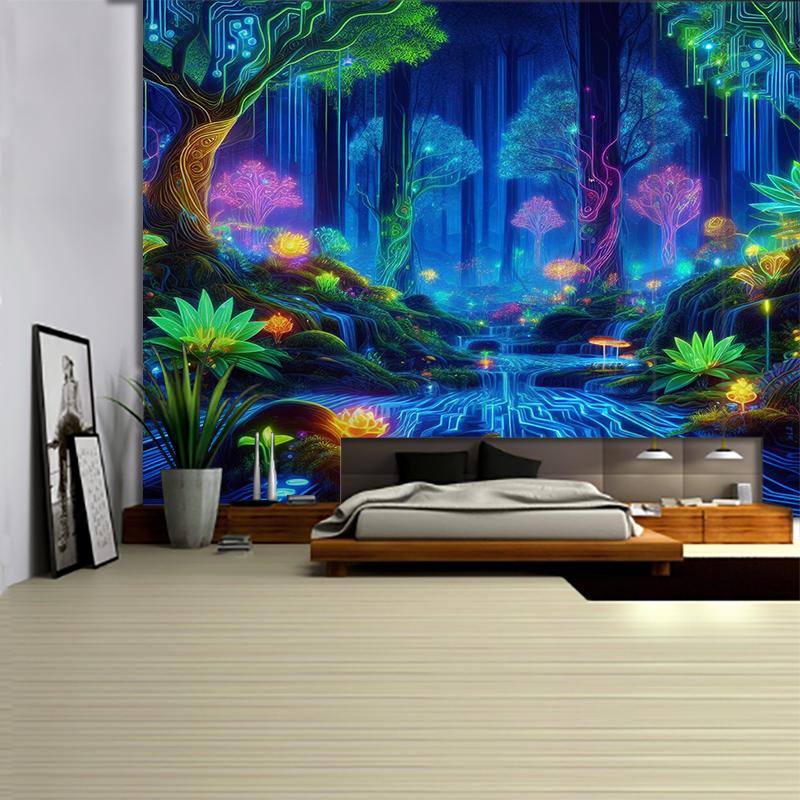 Cyber Forest Wall Tapestry Neon Nature Art Digital Circuit Design Sci Fi Landscape Boho Decor For Living Room And Study