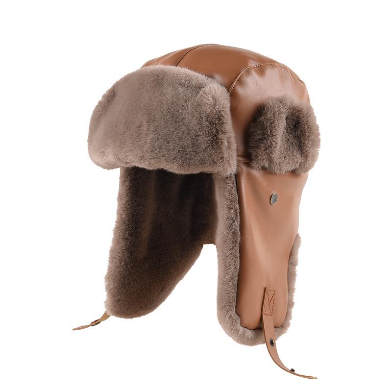 Leather Cap Men's and Women's Autumn and Winter Thickened Thermal Ear Protection Hat Outdoor Skiing Cycling Fleece Cold Hat