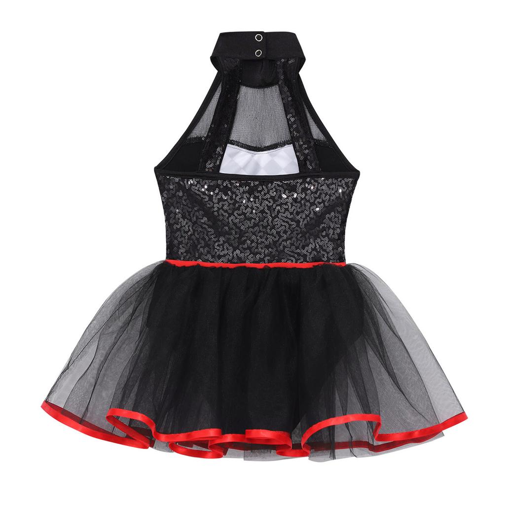 Kids Girls Halloween Doll Clown Costume Halter Neck Checkerboard Sequins Tutu Dress Dancewear Fancy Dress Up Costume