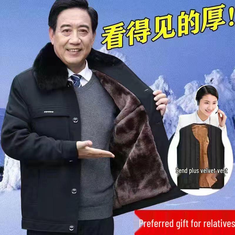 Men's Winter Coat for Seniors - Thickened Cotton Padded Jacket with Buttons for Ages 70-80