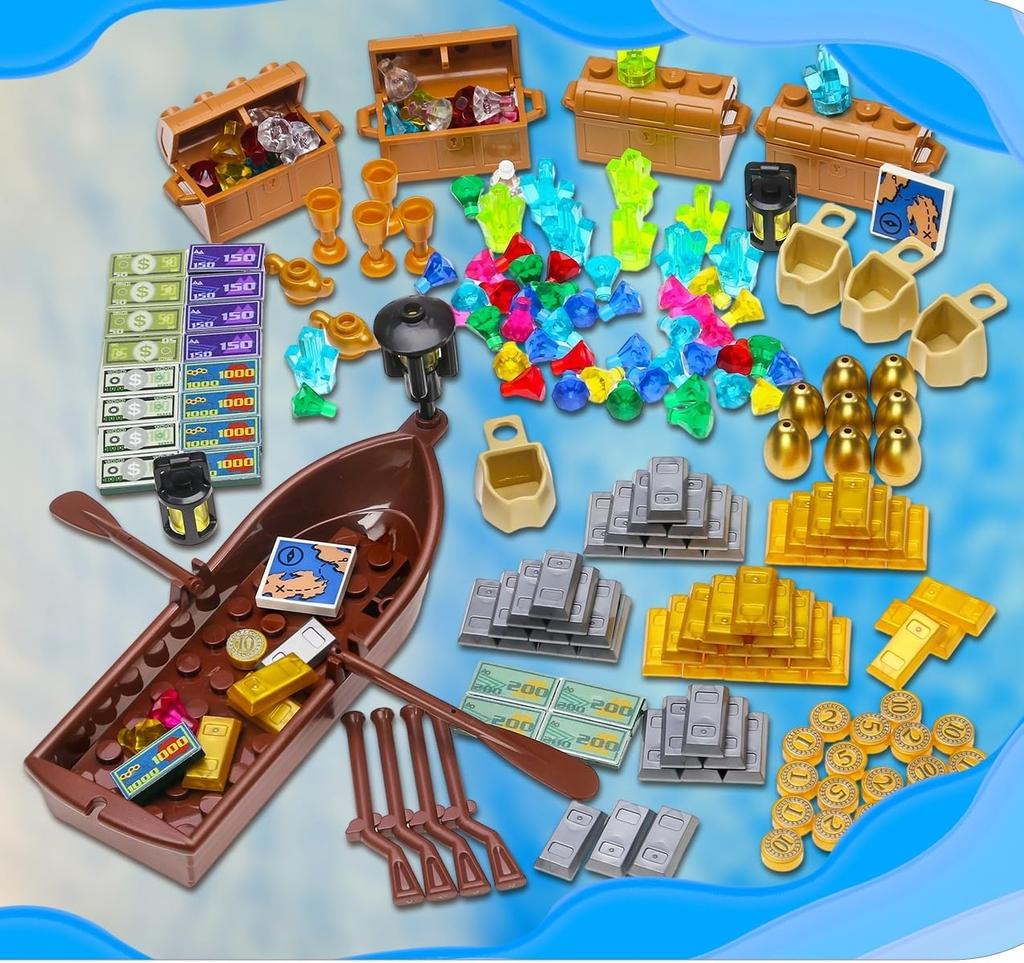 Domoni Pirate Expedition Treasure Building Kit - 200+ Piece Pirate Ship & Treasure Chest Building Blocks Set (Includes Gold Bars, Gems, and Golden