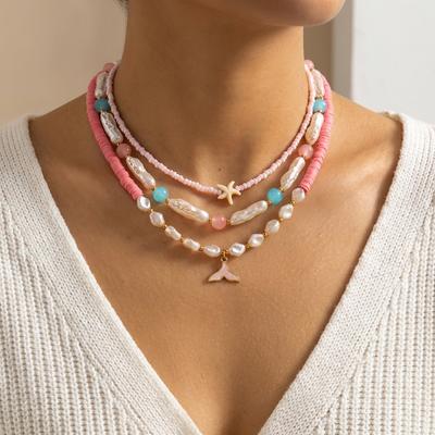 Mermaidcore Mermaid Tail Starfish Heishi Beads Pendant Necklace for Women Boho Shell Conch Clavicle Chain Beach Jewelry Gift