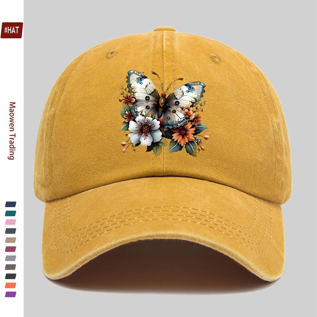 pc Butterfly and Flower Print Baseball Cap Home Casual Decorative Hat Colorful Floral Print Papa Hat with Adjustable Strap M