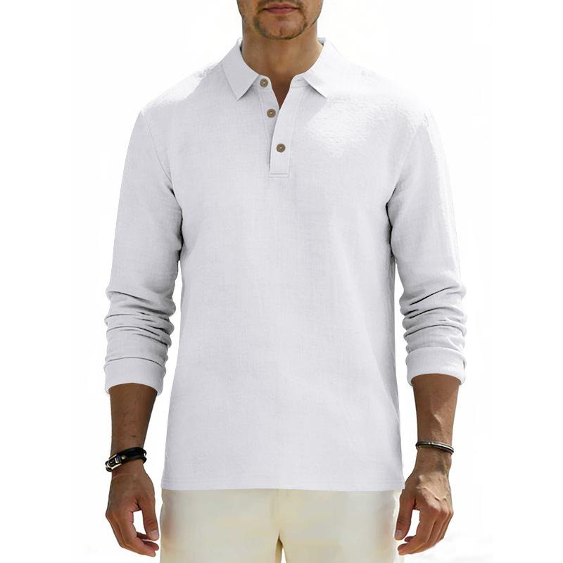 Spring Loose-Fit Solid-Colour Collared Casual Business Men's Long-Sleeved Linen Polo Shirt