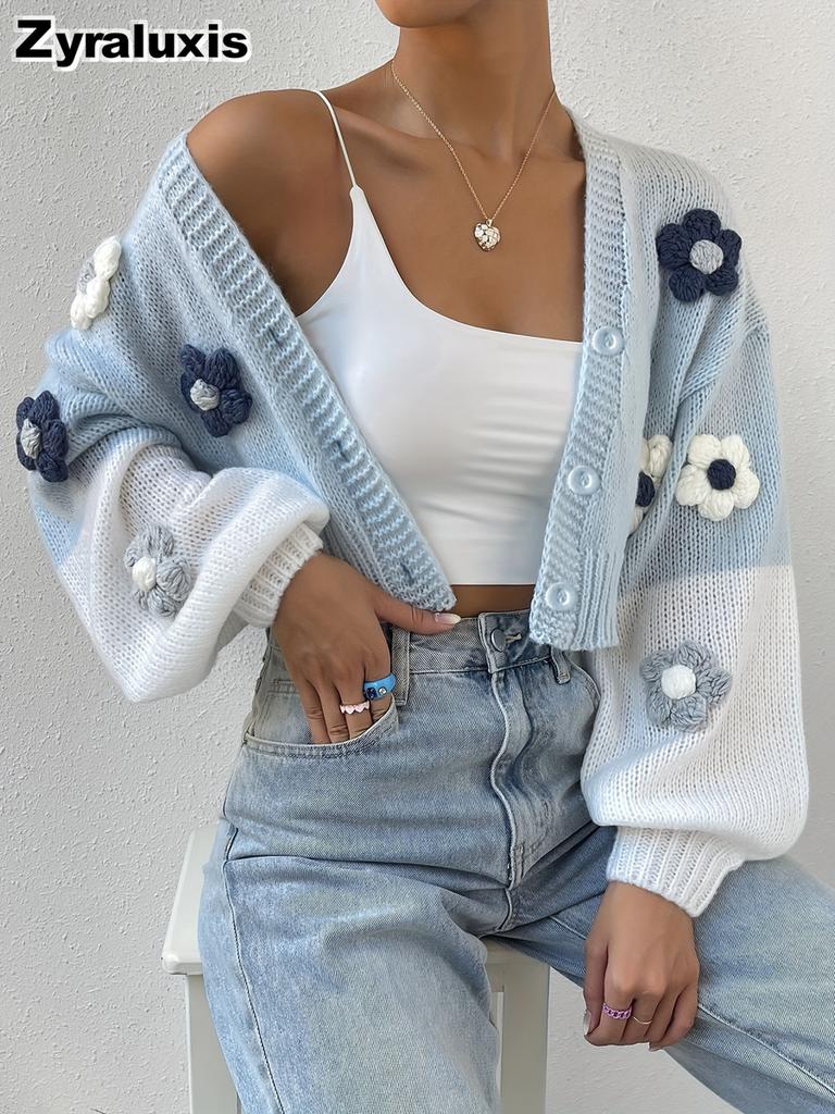 Vintage Knitted Overshirt, Solid Color Floral Element Knit Sweater