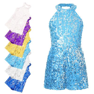 Children Ballet Jazz Dancing Sleeveless Short Gymnastics Unitard One-Piece Dance Romper Allover Sequin Jumpsuit Pageant Party