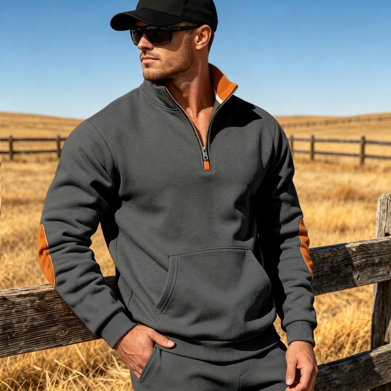 Mens Loose Fit Stand Collar Sweatshirt Color Block Patch Half Zip Casual Fall Top Youth