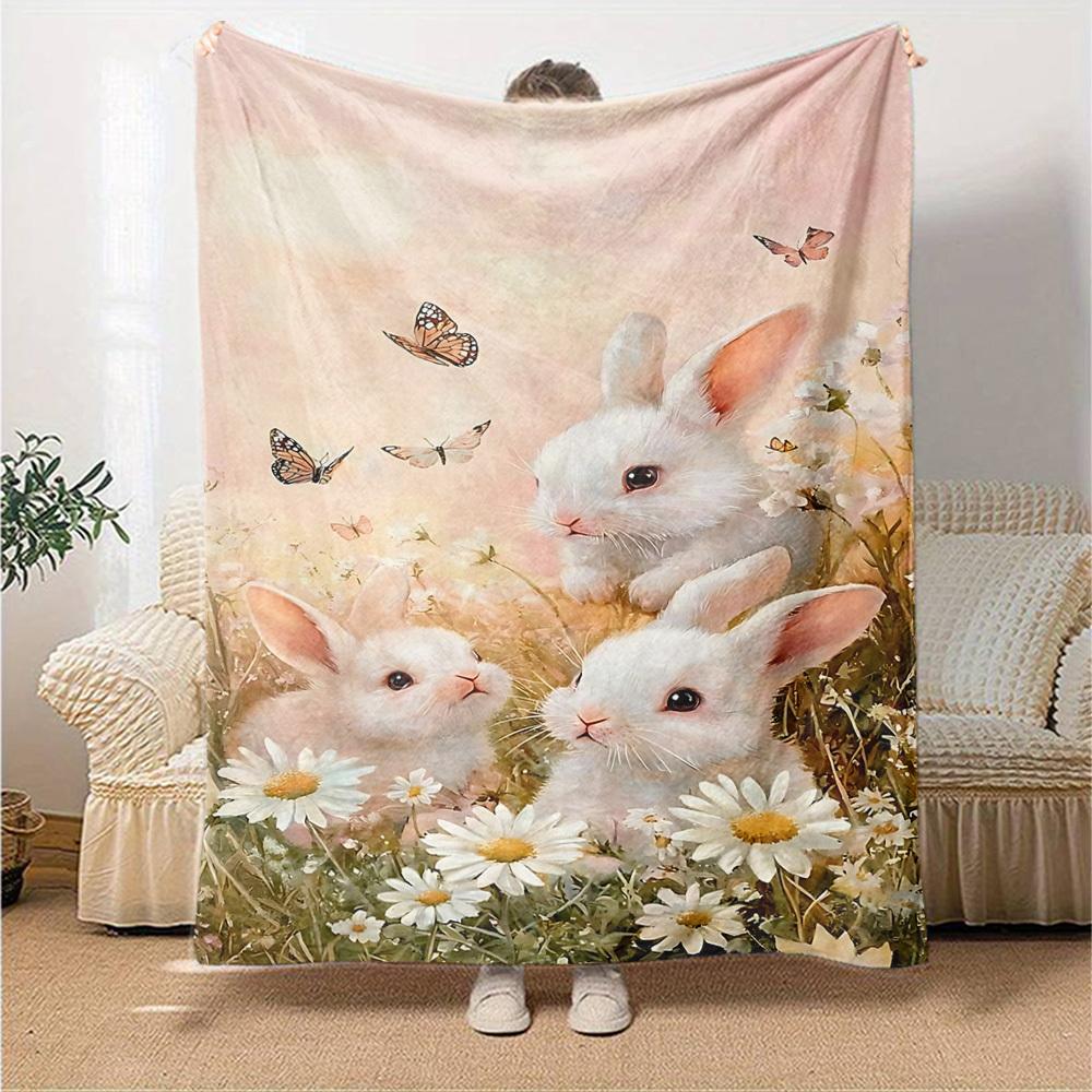 1 manta de conejos y flores Ligera Manta de franela para sofá cama Viaje Camping Sala de estar Oficina Sofá Silla