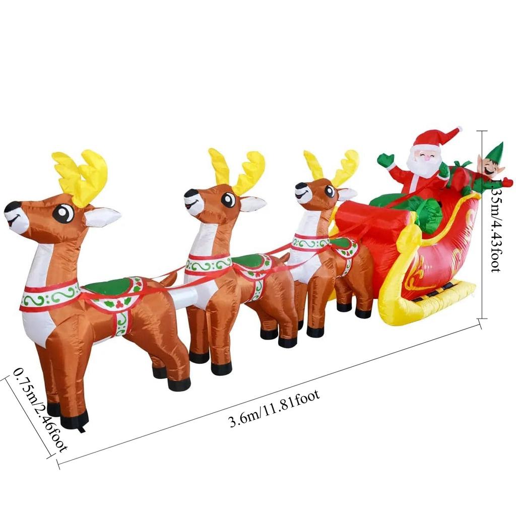 12FT/3.6M Inflatable Santa Claus Sleigh with 3 Reindeer and Elf, Glowing Christmas Outdoor Yard Decor