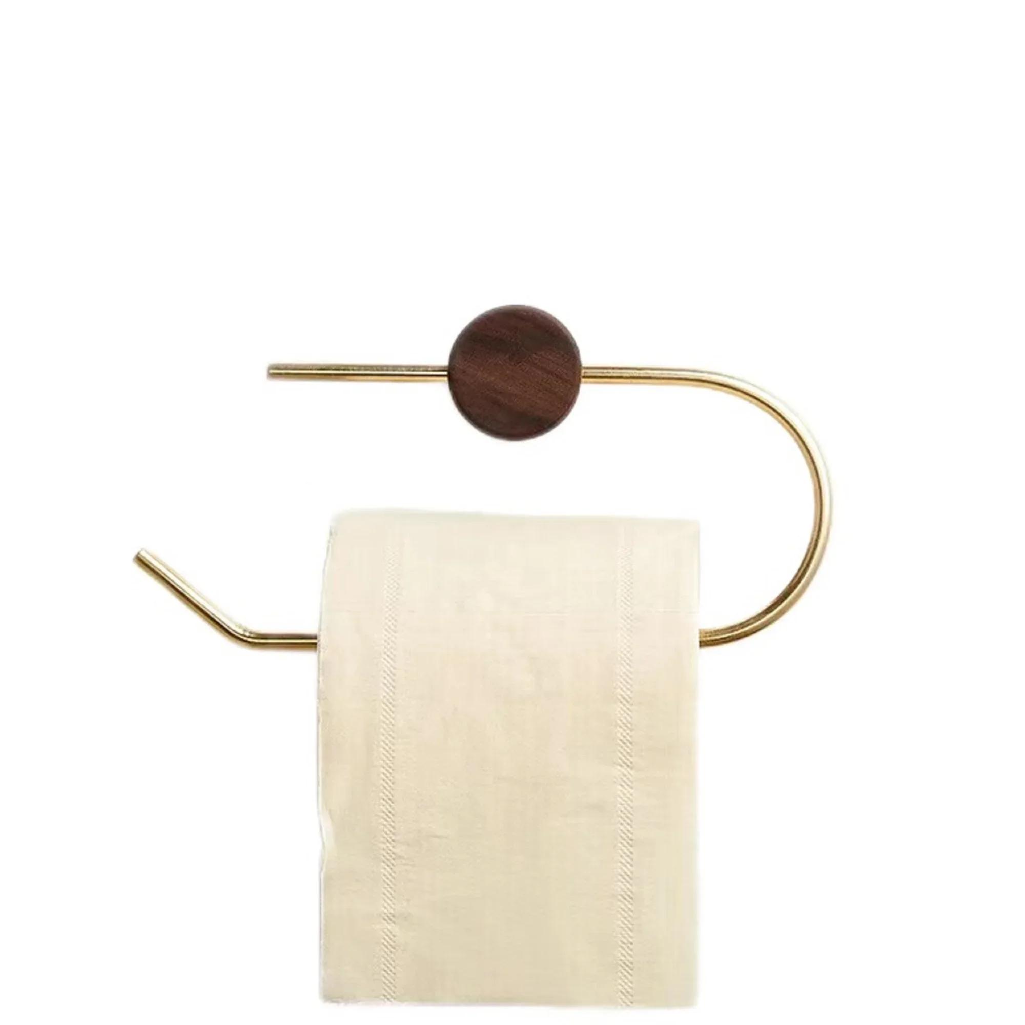 

Wood Toilet Paper Holder No Drill Kitchen Storage Brass Towel Hanger Bathroom Accessories Self-Adhesive Wall Mounted Tissue Rack коричневий