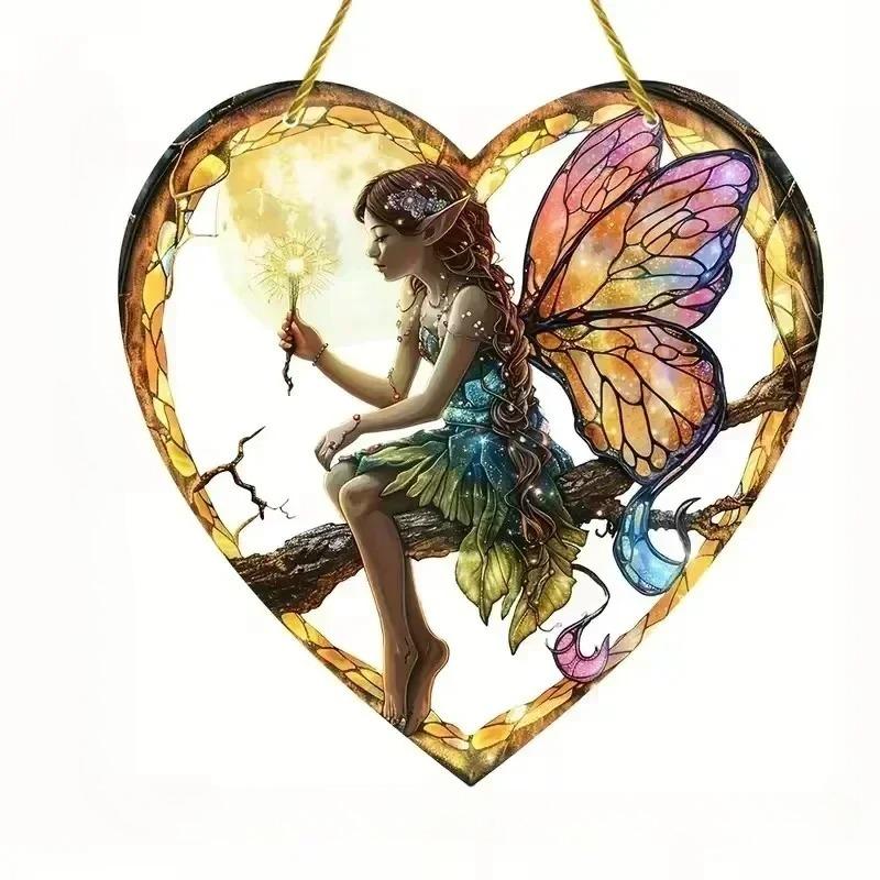 Colorful Flower Fairy Acrylic Suncatcher Stained Glass Style Hanging Window Garden Yard Ornament Fairy Garden Vintage Home Decor