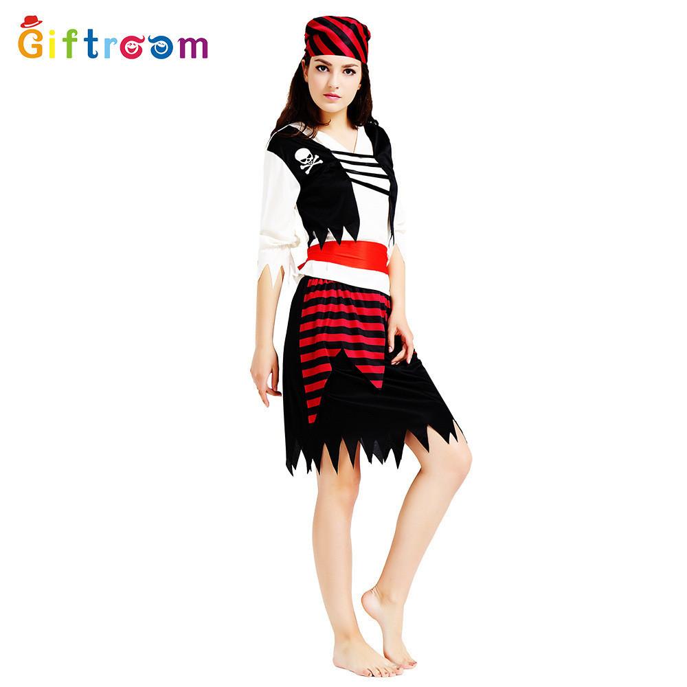 Adult Womens Trendy Red And Black Pirate Costume Dress Featuring Striking Skeleton Theme