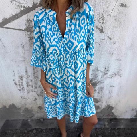 European and American women's clothing, spring and summer new four-sided elastic casual V-neck printed pleated women's dress