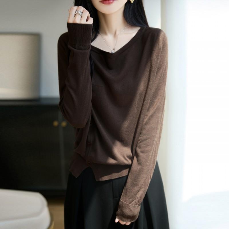 Winter Tencel Wool Blend Knit Cardigan Womens One Shoulder Long Sleeve Loose Top