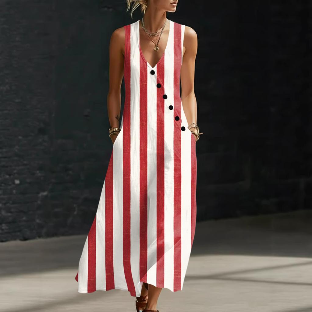 Dames Gestreept V-hals Knopen Mouwloos Maxi Jurk Katoen Linnen Lange Vestjurk Casual Losse Pasvorm Zomerstijl