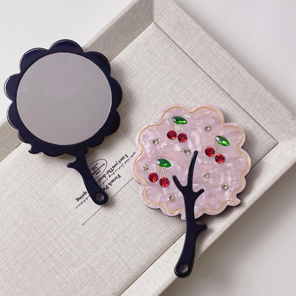 Cute Cherry Acetate Makeup Mirror Rhinestone Colorful Tree Shape Mirror Cartoon High Definition Handle Portable Mirror Girl