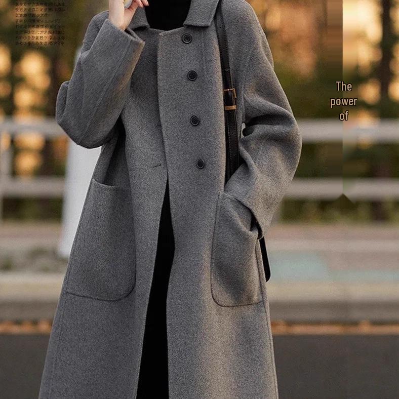 Plus Size Women's Mid-Length Wool Coat - 2025 Autumn/Winter Loose Double-Sided Fleece