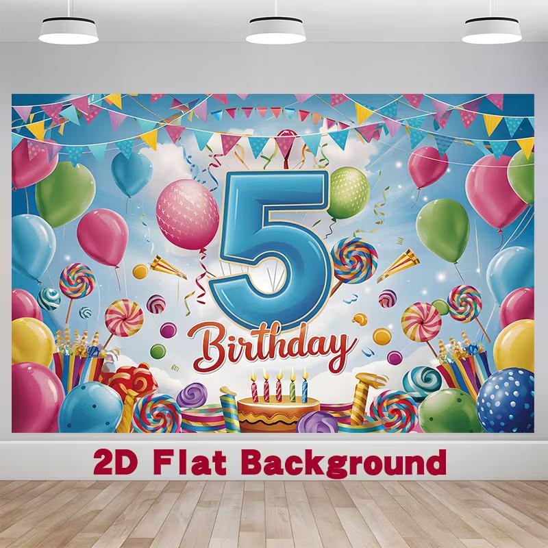 2D 5th Birthday Backdrop with Balloons Lollipop and Cake Kids Party Background