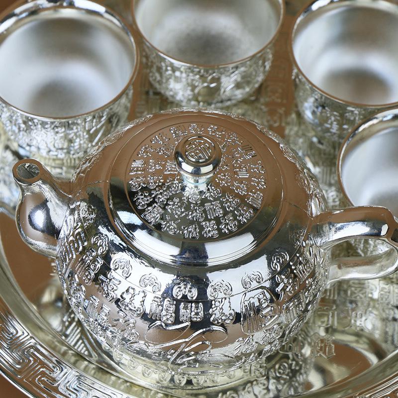 Premium Sterling Silver Tea Set - 6-Piece Handmade Teapot & Kung Fu Teacups Business Gift