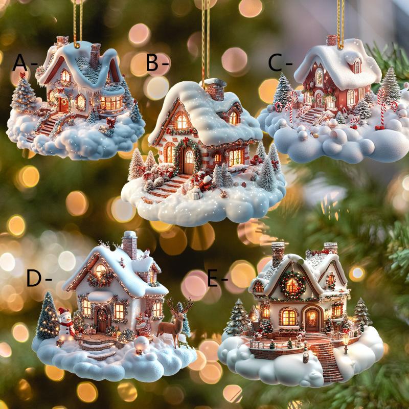 Snow House Christmas Tree Hanging Ornament Holiday Party Decorations Xmas Tree Pendant 2D Acrylic Flat Christmas Pendant