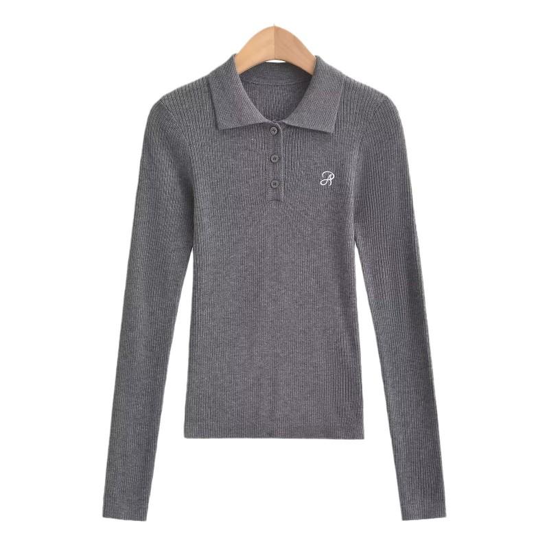 Womens Retro Knit Sweater With Embroidered Letters Slim Fit POLO Collar Long Sleeve Top Winter