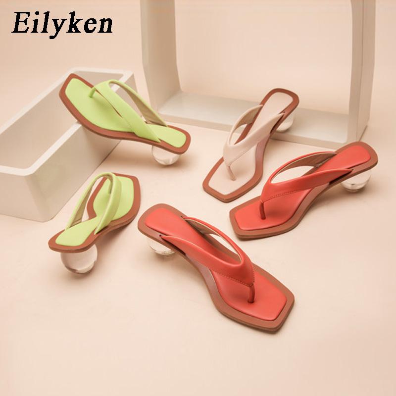 Fashion Eilyken Square Head Pinch Slippers Crystal Transparent Ball Low Heel Clear Women Flip Flops Slides Fashion Design Green Size 43