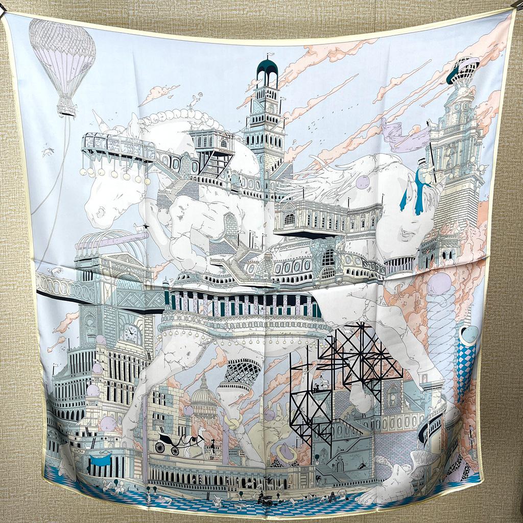 Guochao Lotus Landscape 100% Mulberry Silk Scarf - Versatile Women's Square Shawl