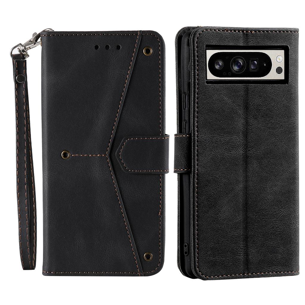 For Google Pixel 10 Pro XL Leather Case Splicing Stitching Wallet Phone Cover with Wrist Strap
