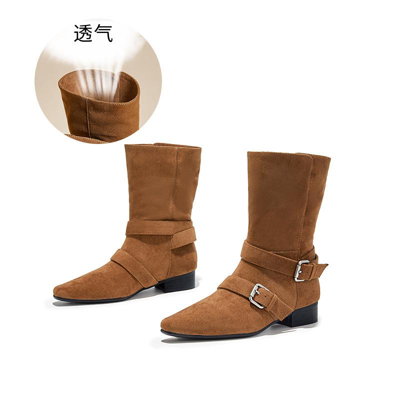 Neue Retro-Wildleder-Kurzstiefel 2025 Herbst und Winter Ausländischer Stil Martin Boots Lässig Spitze Western Denim Schnallenriemen Damenstiefel Trend