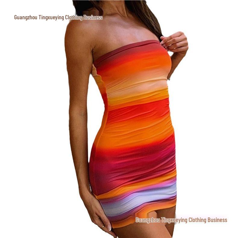European & American Women's Rainbow Print Strapless Ruffled Dress - Summer Nightclub Wear
