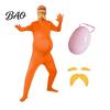 Skin Friendly Party Outfit Orange Full Bodysuit for Kids Adults, with Belly, Yellow Mustache & Eyebrows, Body Zentai Suit Men Women Open Face