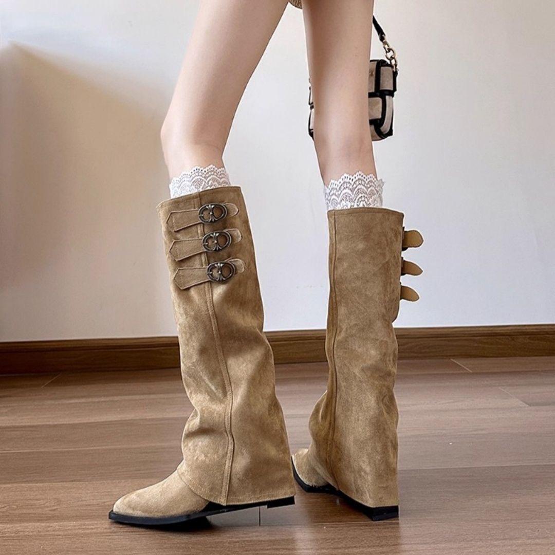 

Knight boots 2026 autumn Western style pointed inside height increasing boots for women belt buckle long tube boots 40 хакі