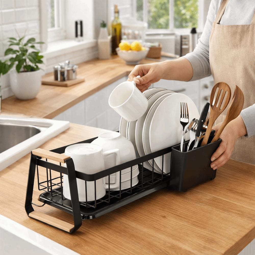 Large Capacity Dish Drying Drain Rack Wooden Handle Tableware Storage Rack  Apartment