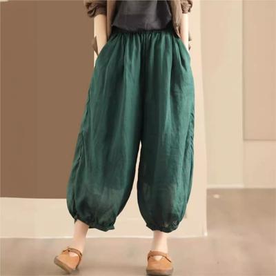 Women Vintage Bloomers Pants High Quality Elastic Waist Trousers Summer Solid Color Loose Casual Pants