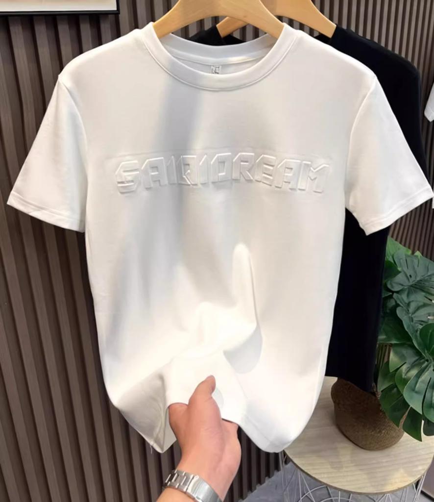 Three-Dimensional Letter T-Shirt Men'S Round Neck Slim-Fitting Simple Half-Sleeved Bottoming Shirt Green Versatile Short-Sleeved T