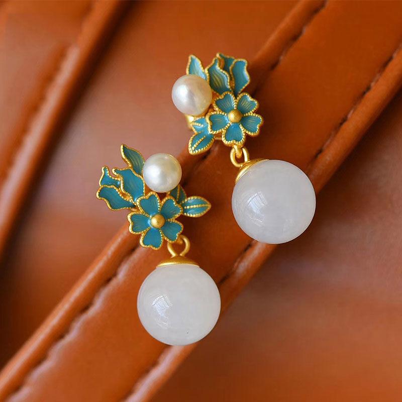 New Porcelain Inlaid Hetian White Jade Pearl Flower Enamel Porcelain Necklace Earrings Palace Style Elegant Ladies Jewelry