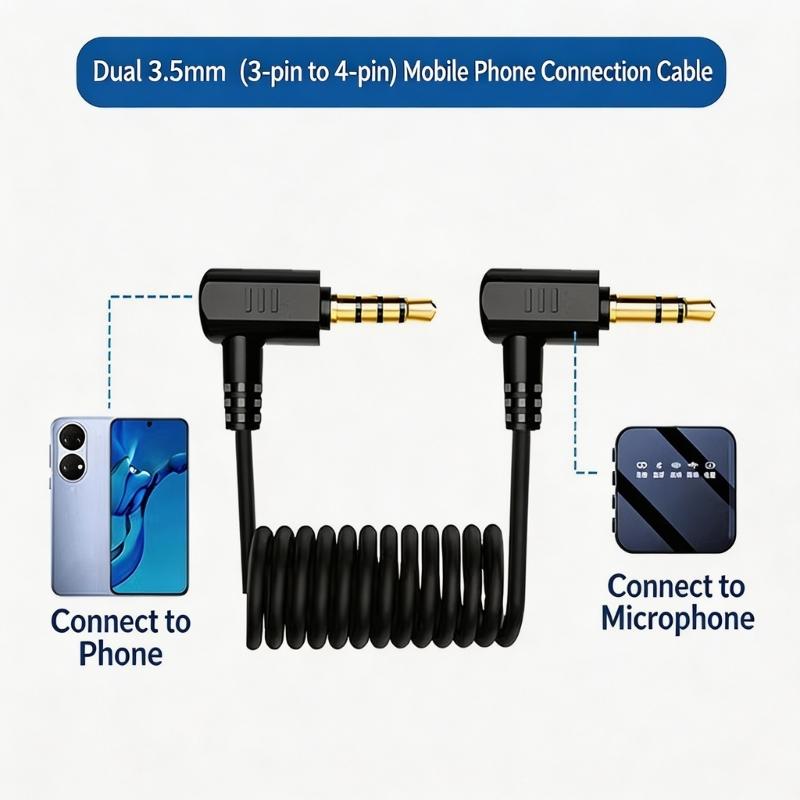 Coiled 3.5mm Recording Connection Cable with Right Angle Two Male Ends for Daily Field Work Use Vlog Studio