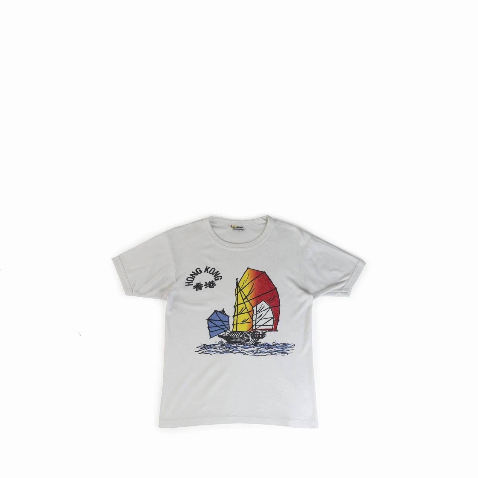 Vintage 1980 s Hong Kong Ringer Tee Shirt Graphic 80s Vtg Boat China Water Color XL