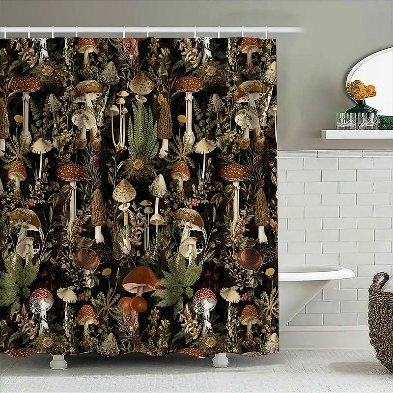 Mushroom Forest Shower Curtain Botanical Nature Decor Woodland Cottagecore Home Decor Bathroom Set Vintage Floral Artistic Wall