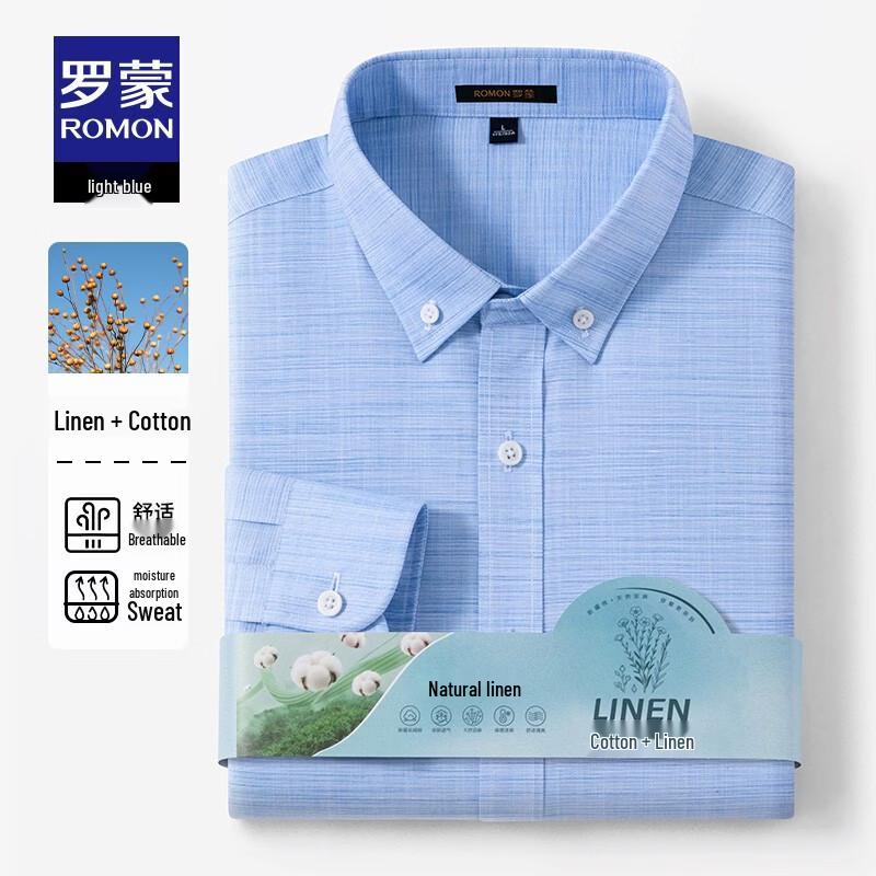 ROMON Men's Loose-Fit Long-Sleeve Linen-Blend Casual Shirt