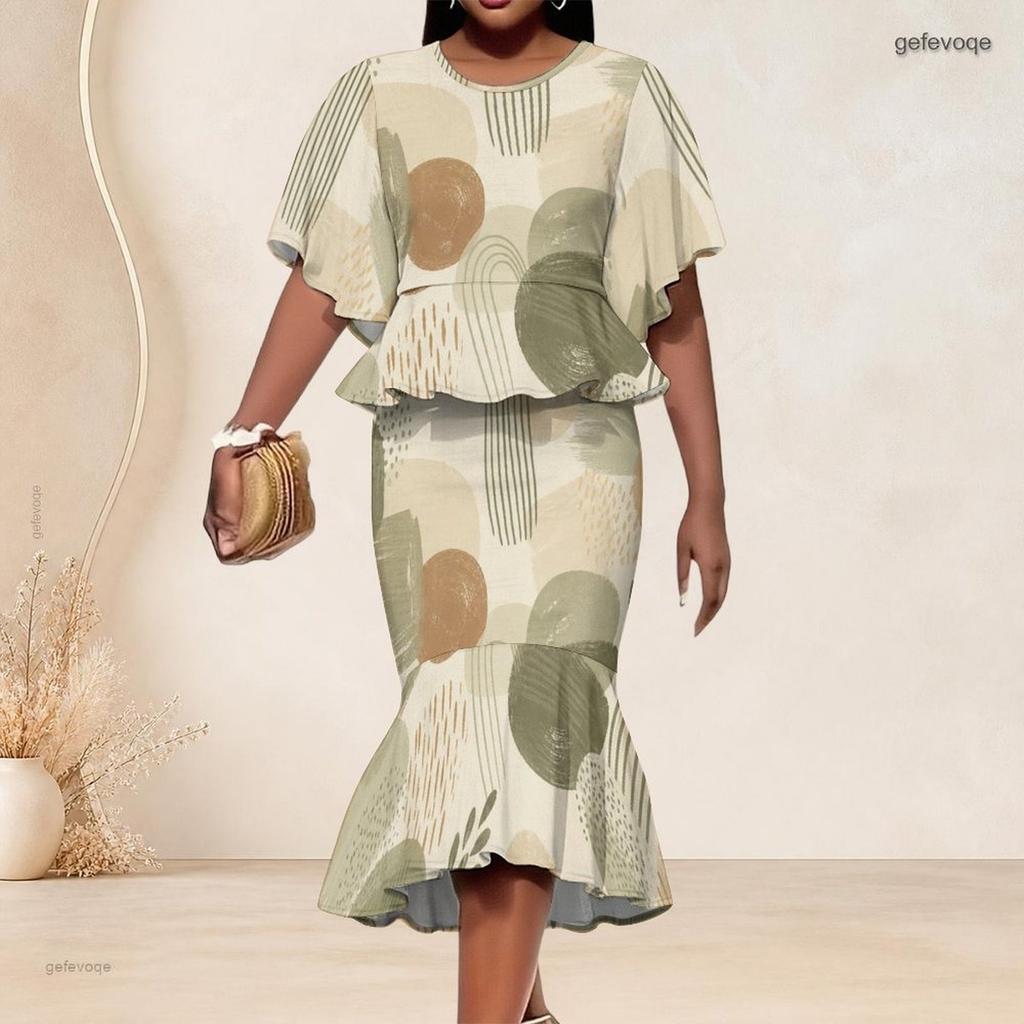 Women Plus Size Round Neck Printed Batwing Sleeve Ruffle Hem Top Fishtail Skirt Two Piece Set