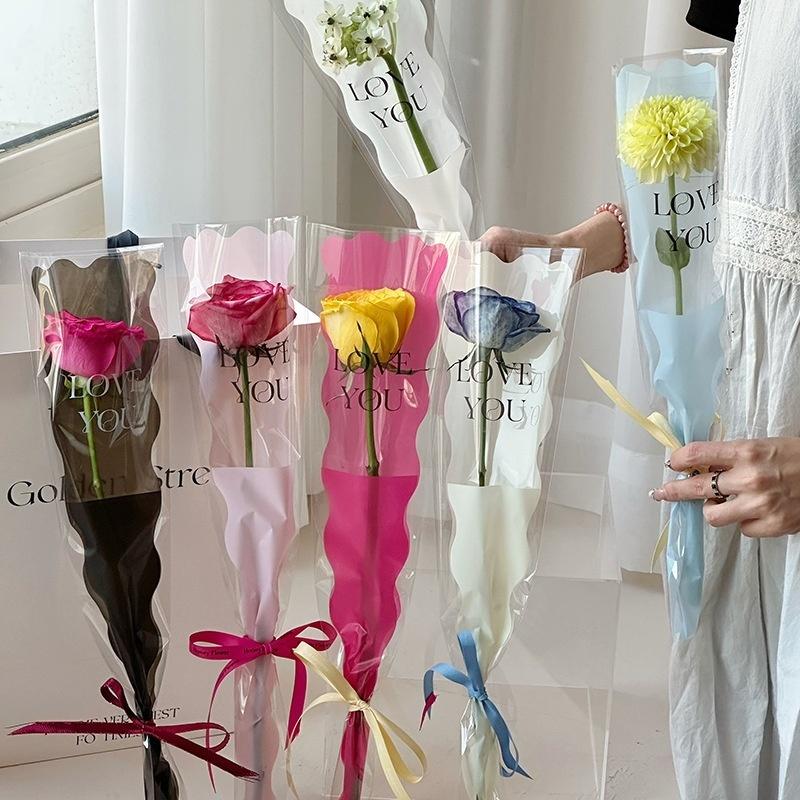 50 Pezzi Busta per Confezionamento Bouquet Singolo di Rose, Busta in Cellophane Busta Avvolgente San Valentino Festa della Mamma Borse Regalo per Fiori Singoli