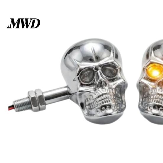 Unique Festival Dress Shirt Links 1 Pair Motorcycle LED Turn Signal Light, Skull Head Warning Indicator Polished Metal Waterproof Universal