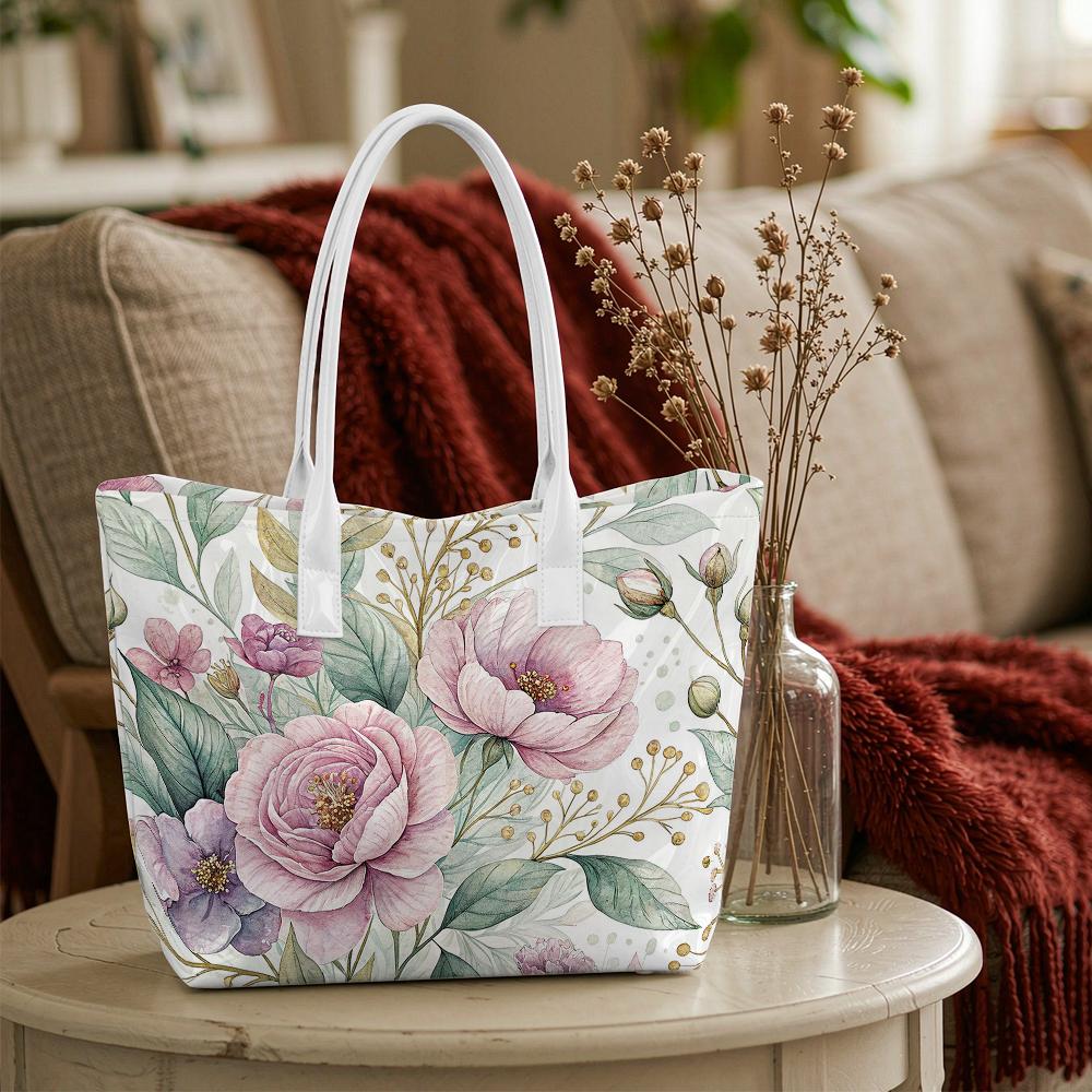 Elegant Floral Print Tote Bag for Daily Outdoor Casual Shopping Carry Handbag