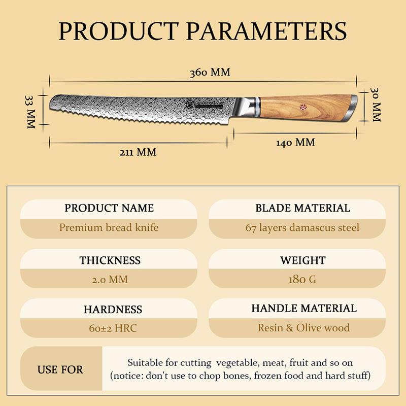 Grandsharp Professional 8palcové pečicí nože Damašek Nůž na chleba Nůž na chléb Krájení dortů Kuchyňský nůž Kráječ