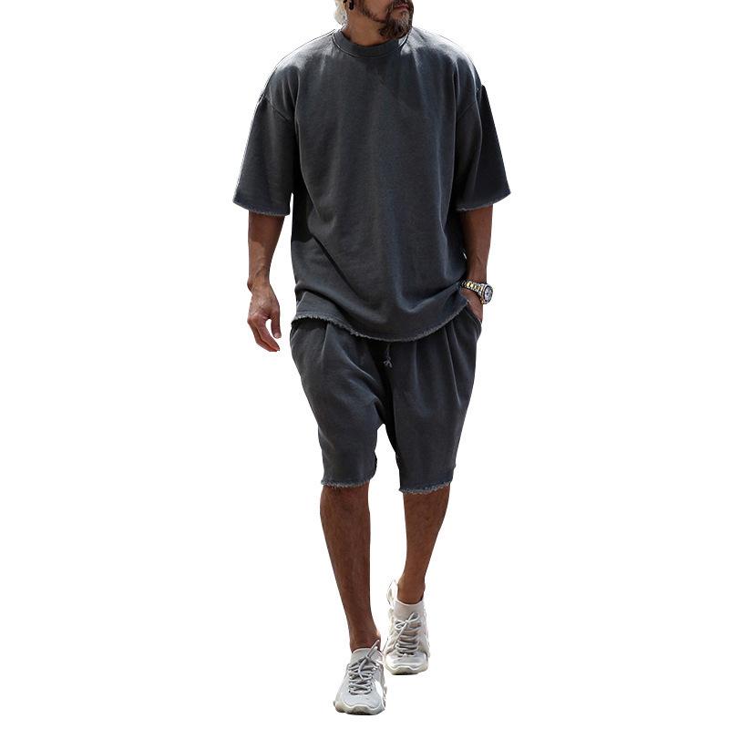 European Plus Size Casual Men's Set: Loose Short Sleeve T-shirt & Solid Color Shorts