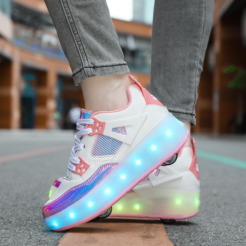 Pattini a rotelle per bambini, rimovibili, piatti, ricaricabili, LED, quattro ruote, scarpe sportive luminose, rosa, scarpe da ginnastica luminose da donna