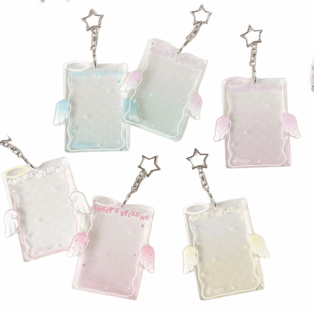 Cute Acrylic Kpop Card Holder Keychain Angel Wing Album Binder Photo Frame Protective 3 Inch Idols Photocard Holder Bag Pendant