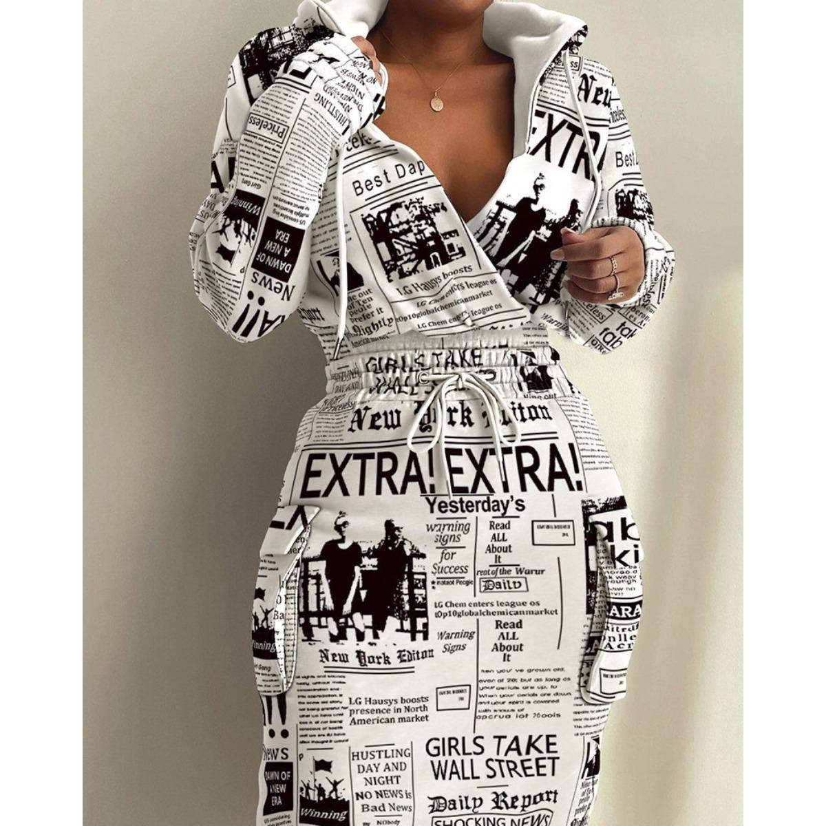 Women s Hooded Long Sleeve Patchwork Print High Waist Drawstring Cargo Pocket Midi Dress S